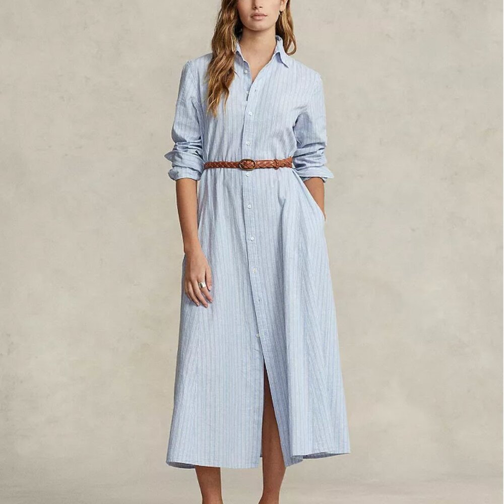 Polo Ralph Lauren Preppy Belted Striped Cotton Linen Shirt Dress